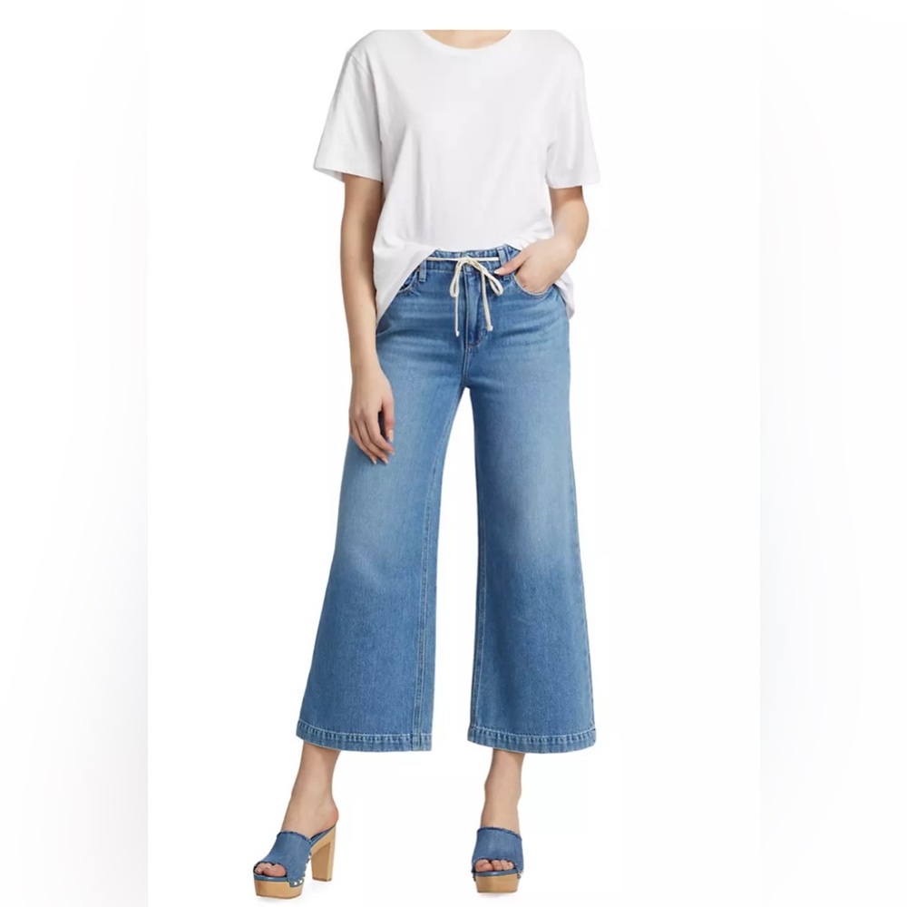 PAIGE Light Blue Cropped Wide-Leg Jeans with Drawstring Waist